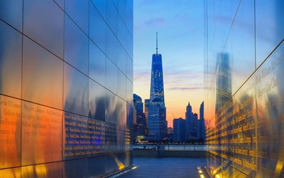 Tyhjä taivas -muistomerkki, World Trade Center 1, Jersey City, auringonlasku, pilvenpiirtäjä, New York City, Manhattan, New Yorkin kaupunkikuva, Liberty State Park, USA