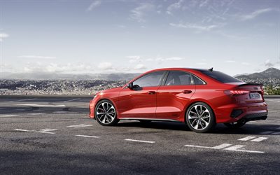 Audi S3, 2021, rear view, exterior, red sedan, new red S3, german cars, Audi