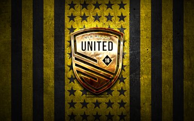 New Mexico United flag, USL, yellow black metal background, american soccer club, New Mexico United logo, USA, soccer, New Mexico United FC, golden logo