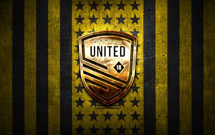 Bandiera New Mexico United, USL, sfondo di metallo nero giallo, club di calcio americano, logo New Mexico United, USA, calcio, New Mexico United FC, logo dorato