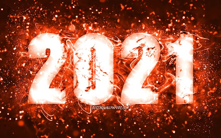 Hyv&#228;&#228; uutta vuotta 2021, 4k, oransseja neonvaloja, 2021 oransseja numeroita, 2021 k&#228;sitteit&#228;, 2021 oranssilla pohjalla, 2021 vuoden numeroa, luova, 2021 uusi vuosi