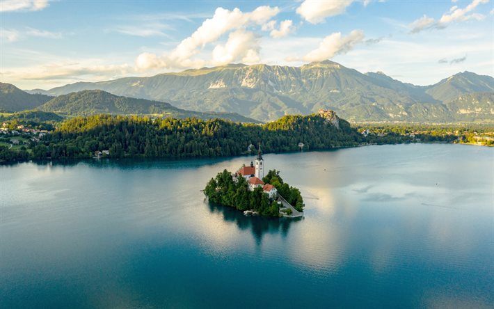 Lake Bled, 4k, h&#228;rlig natur, sommar, Julian Alps, Carniolan, Slovenien, Europa