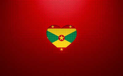 J&#39;aime la Grenade, 4k, pays d&#39;Am&#233;rique du Nord, fond pointill&#233; rouge, coeur de drapeau grenadien, Grenade, pays pr&#233;f&#233;r&#233;s, amour Grenade, drapeau grenadien