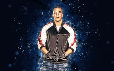 Farid Bang, 4k, blue neon lights, german rapper, music stars, Farid Hamed El Abdellaoui, german celebrity, Farid Bang 4K