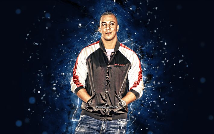 Farid Bang, 4k, luci al neon blu, rapper tedesco, star della musica, Farid Hamed El Abdellaoui, celebrit&#224; tedesca, Farid Bang 4K