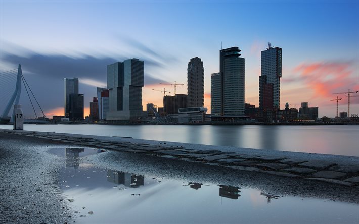 Rotterdam, noite, p&#244;r do sol, edif&#237;cios modernos, Nieuwe Werk, paisagem urbana, South Holland, Holanda