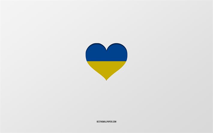 私はウクライナが大好きです, ヨーロッパ諸国, ウクライナ, 灰色の背景, ウクライナの旗の心, 好きな国, ウクライナが大好き