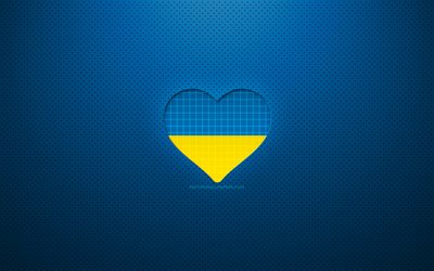 Amo Ucrania, 4k, Europa, fondo punteado azul, coraz&#243;n de la bandera de Ucrania, Ucrania, pa&#237;ses favoritos, bandera de Ucrania