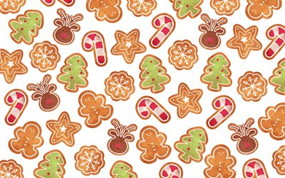 Texture de Noël, fond de biscuits de Noël, biscuits peints, Noël, fond avec des biscuits de Noël