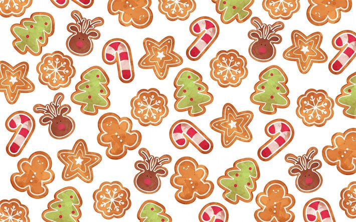 Trama di Natale, sfondo di biscotti di Natale, biscotti dipinti, Natale, sfondo con biscotti di Natale