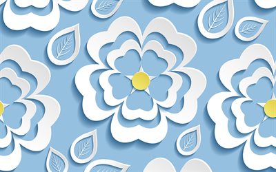 blue 3D flowers, 4k, floral patterns, 3D textures, background with flowers, floral textures, blue floral backgrounds