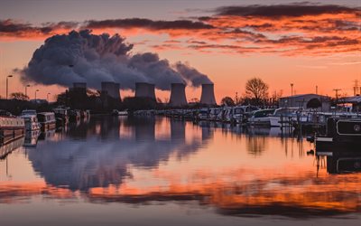 central nuclear, noche, puesta de sol, electricidad, contaminaci&#243;n ambiental, ecolog&#237;a, energ&#237;a, Nottinghamshire, Reino Unido