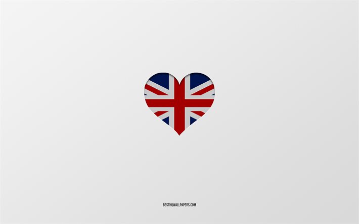 アイ・ラブ・イギリス, ヨーロッパ諸国, イギリス, 灰色の背景, イギリスの旗の心臓, 好きな国