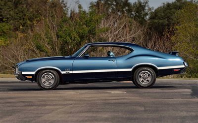 Oldsmobile 442, 1968, side view, exterior, blue coupe, american retro cars, Oldsmobile