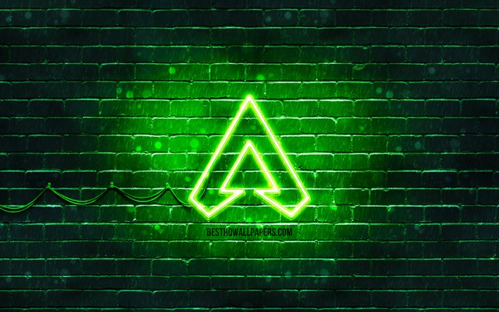 Logo verde Apex Legends, 4k, muro di mattoni verde, logo Apex Legends, giochi 2020, logo neon Apex Legends, Apex Legends