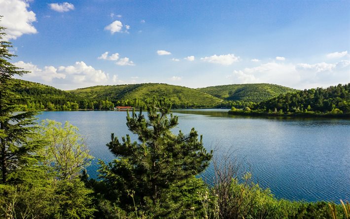 Lago Eymir, verano, ma&#241;ana, lago, colinas verdes, hermoso lago, Ankara, Turqu&#237;a, lagos de Turqu&#237;a