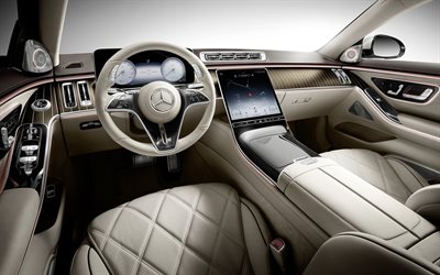 Mercedes-Maybach S580, 2021, interior, vista interna, painel, interior luxuoso S580, carros alem&#227;es, interior de couro branco, Mercedes