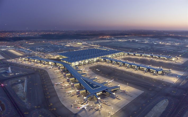 Aeroporto di Istanbul, vista aerodinamica, aeroporto internazionale, vista dall&#39;alto, Turkish Airlines, Istanbul, Turchia, aereo passeggeri, grande aeroporto