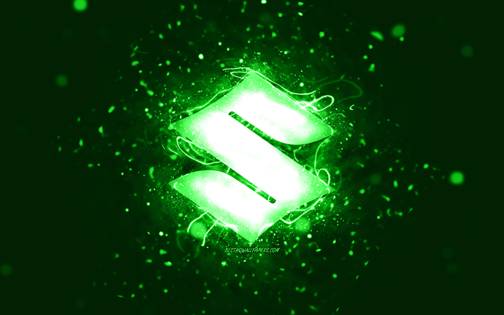 Suzuki green logo, 4k, green neon lights, creative, green abstract background, Suzuki logo, cars brands, Suzuki