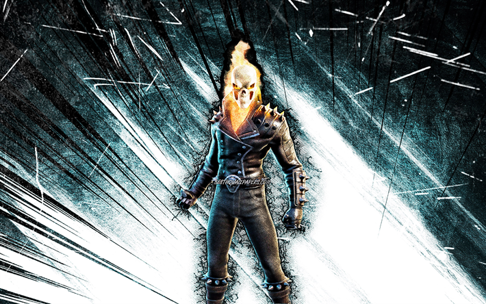 4k, Ghost Rider, grunge art, Fortnite Battle Royale, Fortnite characters, blue abstract rays, Ghost Rider Skin, Fortnite, Ghost Rider Fortnite