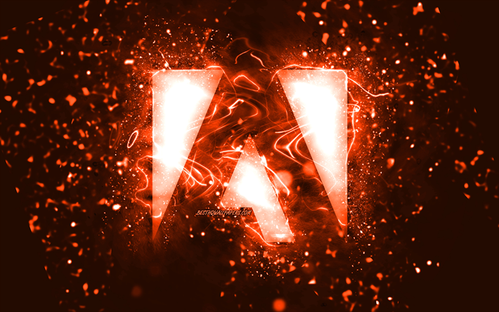 Adobe logo arancione, 4k, luci al neon arancioni, creativo, sfondo astratto arancione, logo Adobe, marchi, Adobe