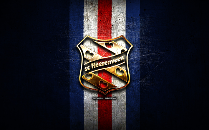 SC Heerenveen, golden logo, BeNe League, blue metal background, dutch hockey team, SC Heerenveen logo, hockey