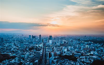 Tokyo, m&#233;tropole, soir&#233;e, coucher de soleil, panorama de Tokyo, paysage urbain de Tokyo, paysage urbain, horizon de Tokyo, Japon