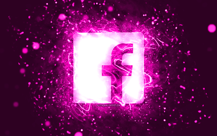 Logotipo roxo do Facebook, 4k, luzes de n&#233;on roxas, criativo, fundo abstrato roxo, logotipo do Facebook, rede social, Facebook