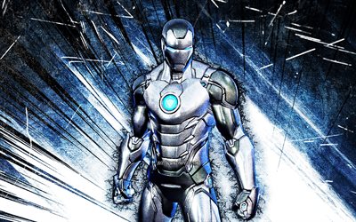4k, Silver Foil Iron Man, arte grunge, Fortnite Battle Royale, Personagens Fortnite, raios abstratos azuis, Silver Foil Iron Man Skin, Fortnite, Silver Foil Iron Man Fortnite