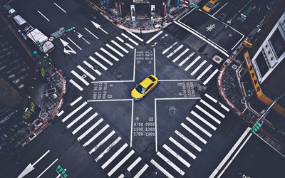 4k, Tokyo, crossroads, yellow taxi, japanese cities, Asia, Japan, skyscrapers, modern cities, pedestrian crossings