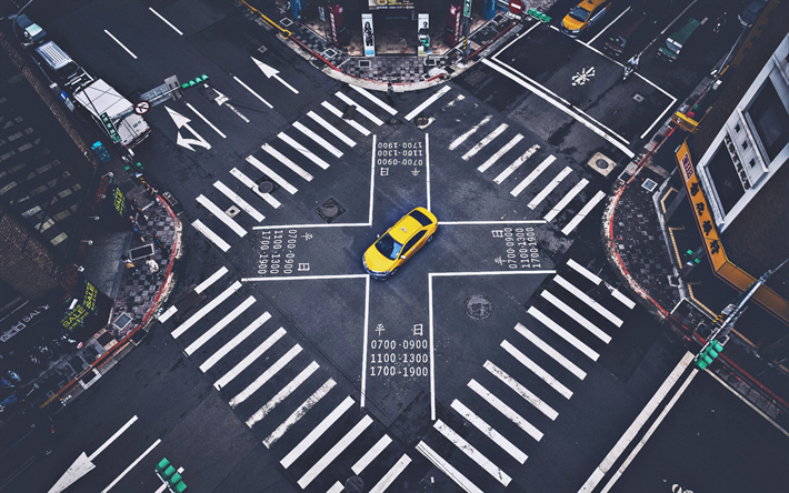 4k, Tokyo, crossroads, yellow taxi, japanese cities, Asia, Japan, skyscrapers, modern cities, pedestrian crossings