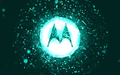 Logotipo turquesa da Motorola, 4k, luzes de n&#233;on turquesa, criativo, fundo abstrato turquesa, logotipo da Motorola, marcas, Motorola