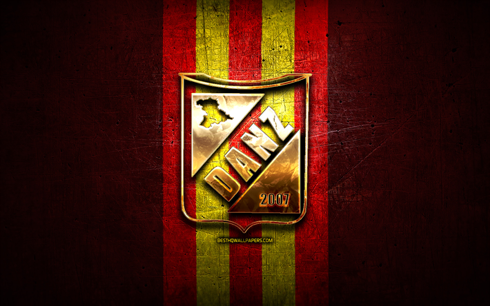 デポルティボ・アンゾアテギFC, 金色のロゴ, リーガFutVe, 赤い金属の背景, サッカー, ベネズエラのサッカークラブ, デポルティボ・アンゾアテギのロゴ, ベネズエラプリメーラ部門, デポルティボアンゾアテギSC