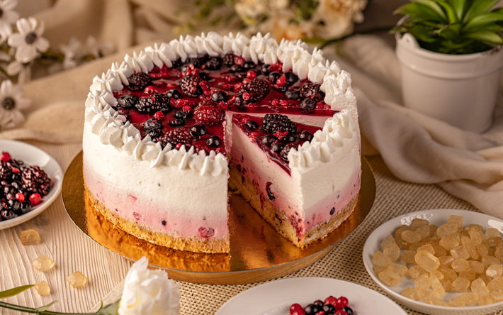 berries cheesecake, cake with berries, blackberries, cakes, sweets, white cream, cream cake
