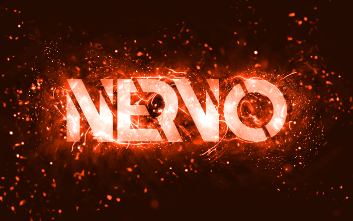 nervo orange logo, 4k, australische djs, orange neonlichter, olivia nervo, miriam nervo, orangefarbener abstrakter hintergrund, nick van de wall, nervo logo, musikstars, nervo