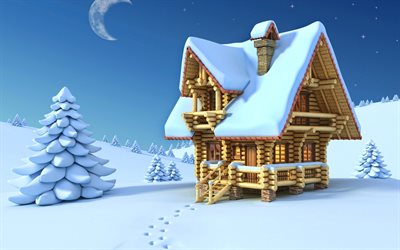 capanna di legno, paesaggio invernale 3D, cumuli di neve, paesaggio favoloso, arte 3D, inverno, paesaggi astratti