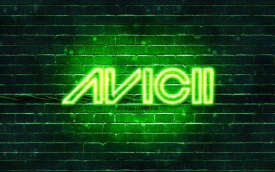 Logotipo verde do Avicii, 4k, superstars, DJs suecos, parede de tijolos verdes, logotipo do Avicii, Tim Bergling, Avicii, estrelas da música, logotipo do néon do Avicii