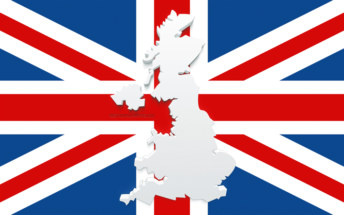Silhouette de carte du Royaume-Uni, drapeau du Royaume-Uni, silhouette sur le drapeau, Royaume-Uni, silhouette de carte du Royaume-Uni 3d, carte du Royaume-Uni 3d