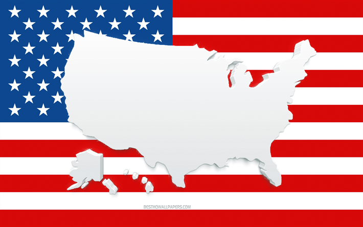 Silhueta do mapa dos EUA, Bandeira dos EUA, silhueta na bandeira, EUA, 3D Silhueta do mapa dos EUA, Mapa dos EUA 3D
