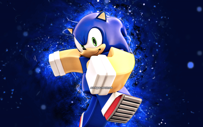 Sonic the Hedgehog, 4k, luzes de n&#233;on azuis, Roblox, Heroes of Robloxia, personagens Roblox, Sonic Roblox, Sonic the Hedgehog Roblox, Sonic the Roblox