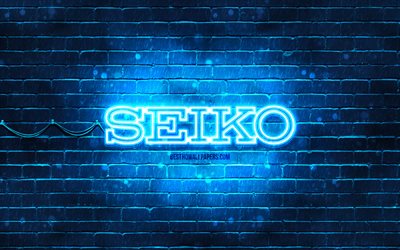 Logotipo Seiko azul, 4k, parede de tijolos azul, logotipo Seiko, marcas, logotipo Seiko neon, Seiko