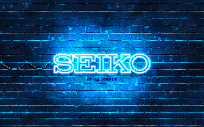 Seiko logo blu, 4k, muro di mattoni blu, logo Seiko, marchi, logo Seiko neon, Seiko