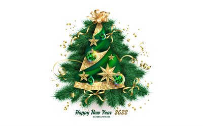 Happy New Year 2022, 4k, Christmas tree, white background, 2022 background with Christmas tree, 2022 greeting card, 2022 background, 2022 concepts, 2022 New Year