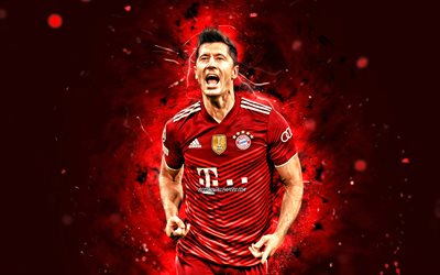 4k, Robert Lewandowski, goal, Bayern Munich FC, red neom lights, polish footballers, soccer, Lewandowski, Bundesliga, Robert Lewandowski Bayern Munich, Robert Lewandowski 4K