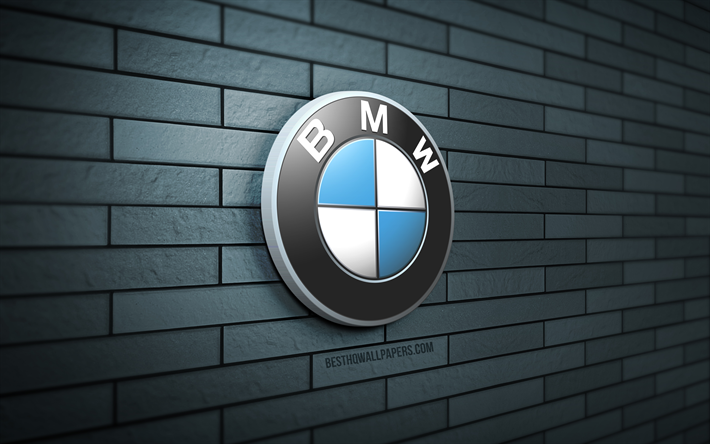 Logotipo BMW 3D, 4K, parede de tijolos azul, criativo, marcas de carros, logotipo BMW, arte 3D, BMW