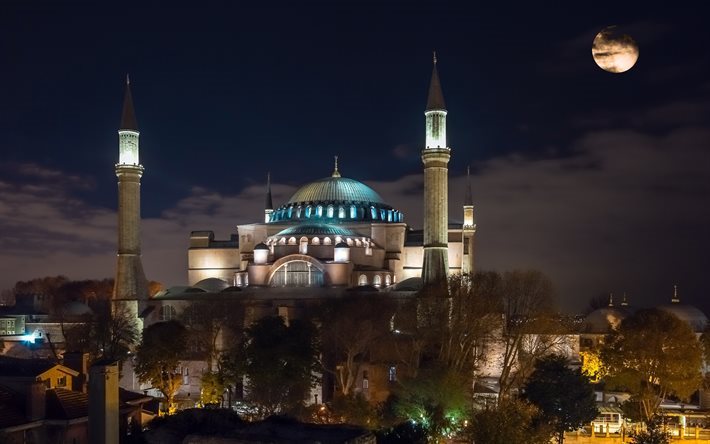 mosk&#233;n, kv&#228;ll, Hagia Sophia, natt, Turkiet, Istanbul
