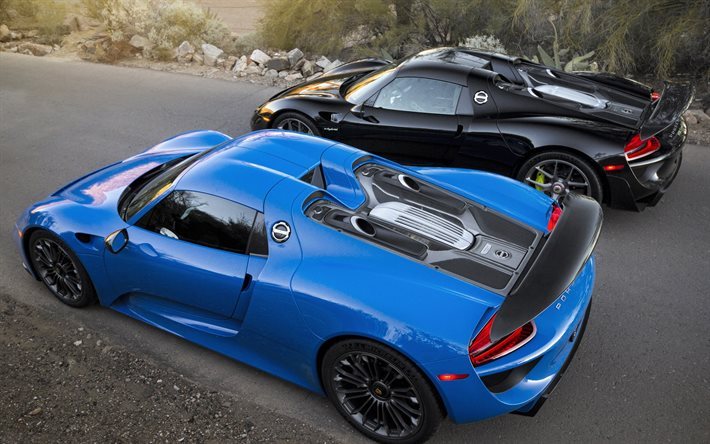 Porsche 918 Spyder, sports cars, Blue Porsche, Black Porsche