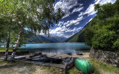 beautiful lake, boats, mountains, Alps mountain landscape, Switzerland, Lake Poschiavo, hdr