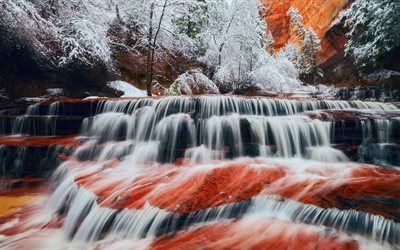Waterfall, canyon, winter, snow, river, USA