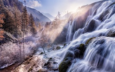 vinter, berg, vattenfall, Kina natur, morgon, tr&#228;, Kina
